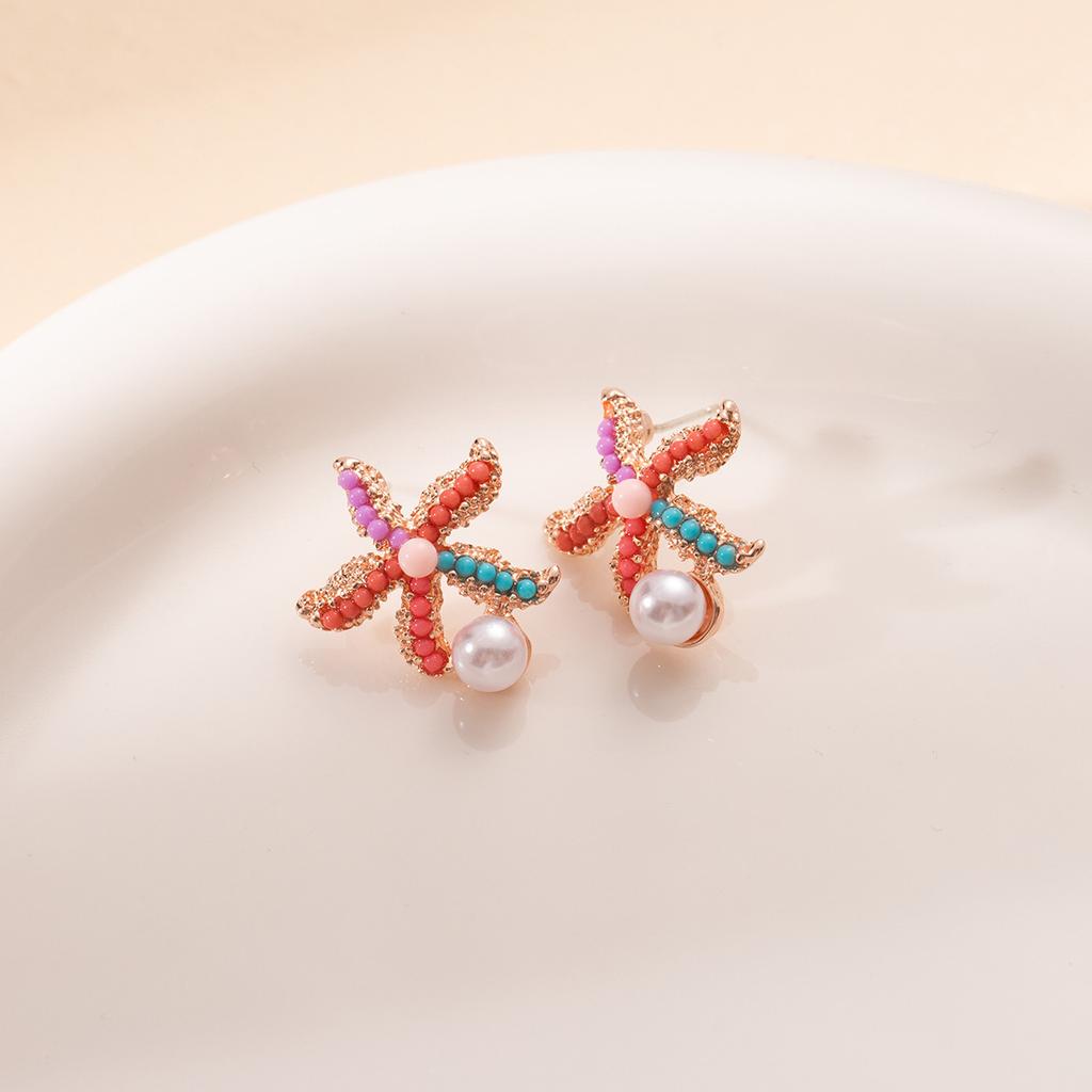 Summer Vacation Style Colored Starfish Pearl Stud Earrings Women'S Seaside Sweet And Advanced Sense Niche Temperament Earrings