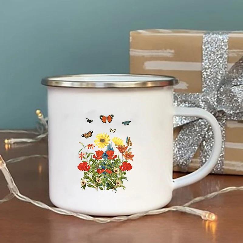 No Rain No Flower Print Enamel Mugs Creative Vintage Coffee Wine Cup Drinks Dessert Milk Cup Camping Mugs Handle Drinkware Gifts