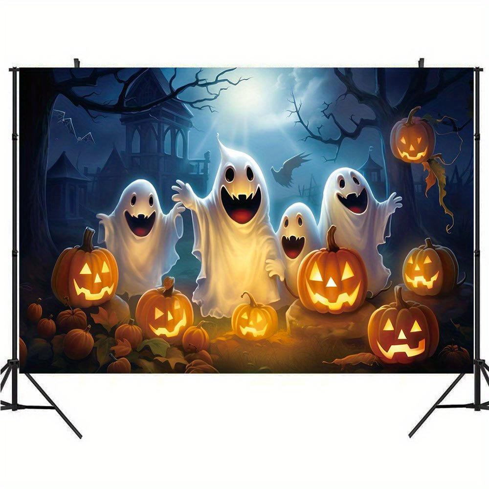 Art Deco Style Halloween Background - 1 Ghost and Pumpkin Lantern Photography Wall Hanging Holiday Party Decoration