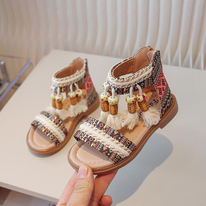 Sandalias Étnicas Retro para Niñas Sandalias Gladiador Infantiles Zapatos de Princesa con Borlas de Moda para Niños Transpirables Antideslizantes
