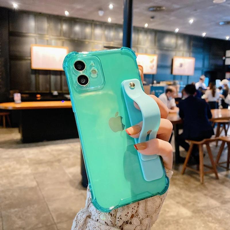Soft Wrist Strap Phone Case For iPhone 11 12 13 14 15 16 17 Pro Max X XR Xs Max Plus Kickstand Transparent Bumper  Cover