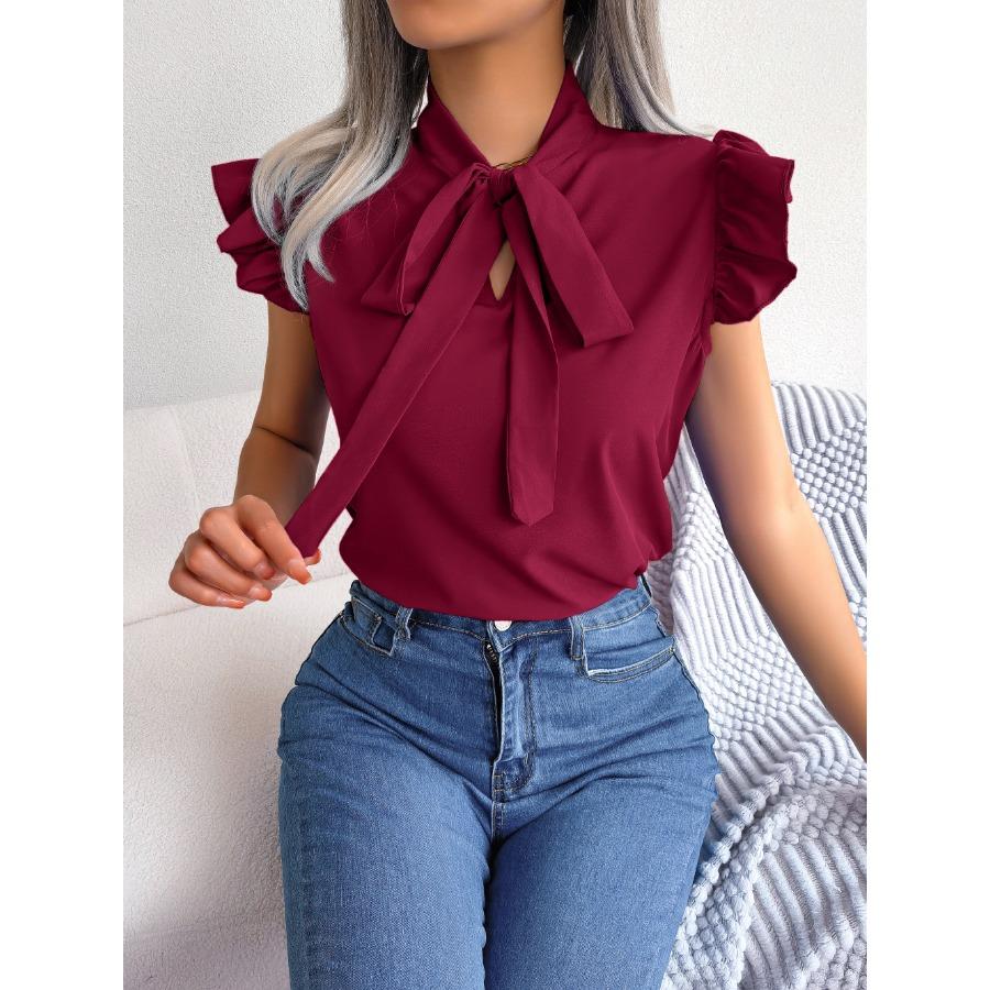 2024 Spring Summer Elegant Lace Up Butterfly Bow Tie Blouse Women Office Ruffles Hem Shirts