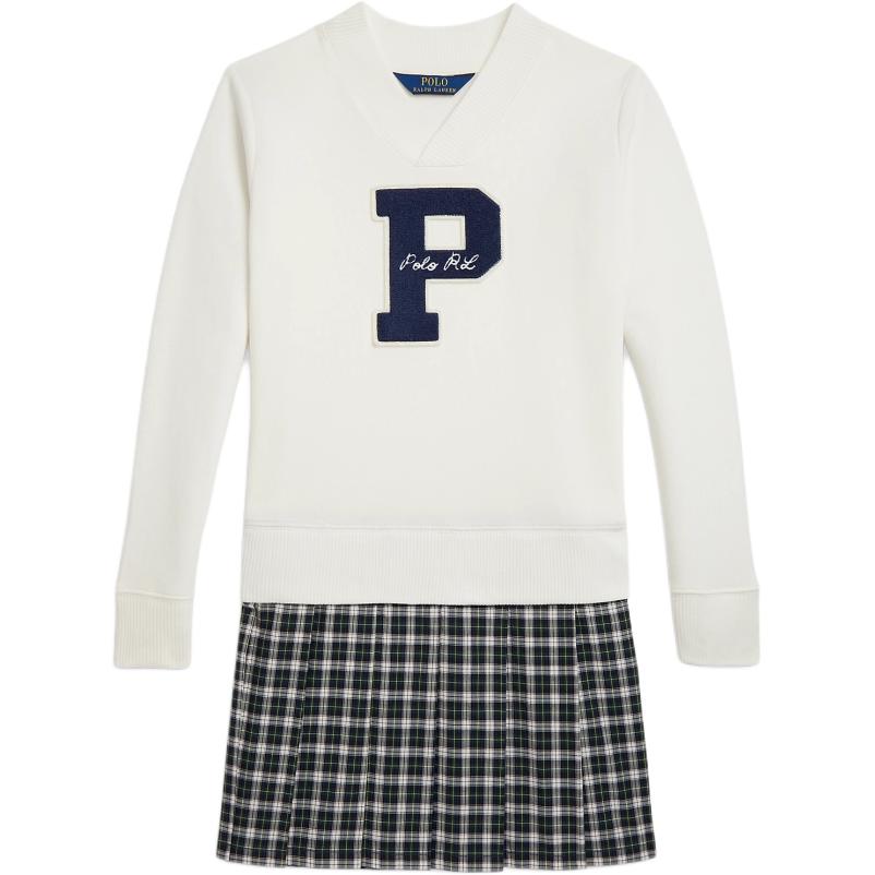 Polo Ralph Lauren Letter Print Pullover V-Neck Long Sleeve Dress Kids Dresses CWPODRSG3D21072-100