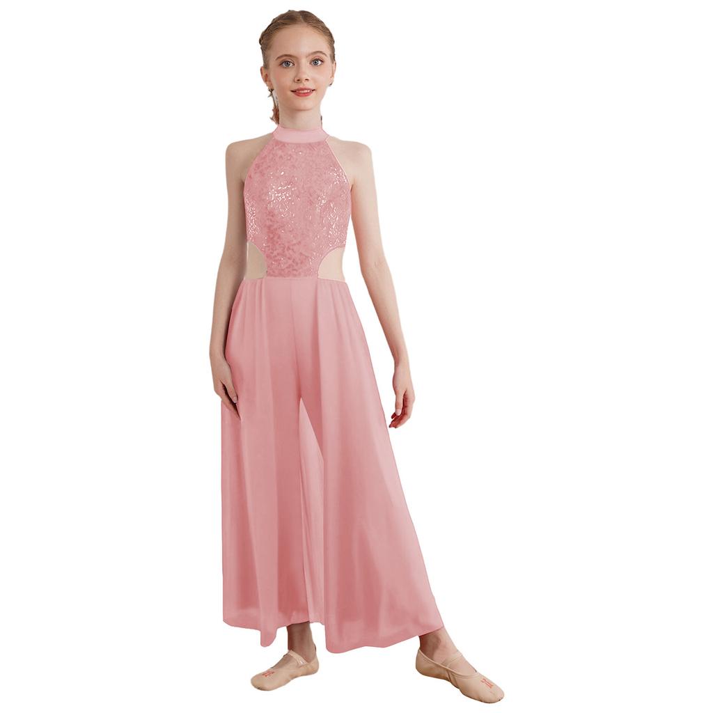 Girls Shiny Sequins Halter Sleeveless Backless Skirted Jumpsuit Latin Dance Performance Costume