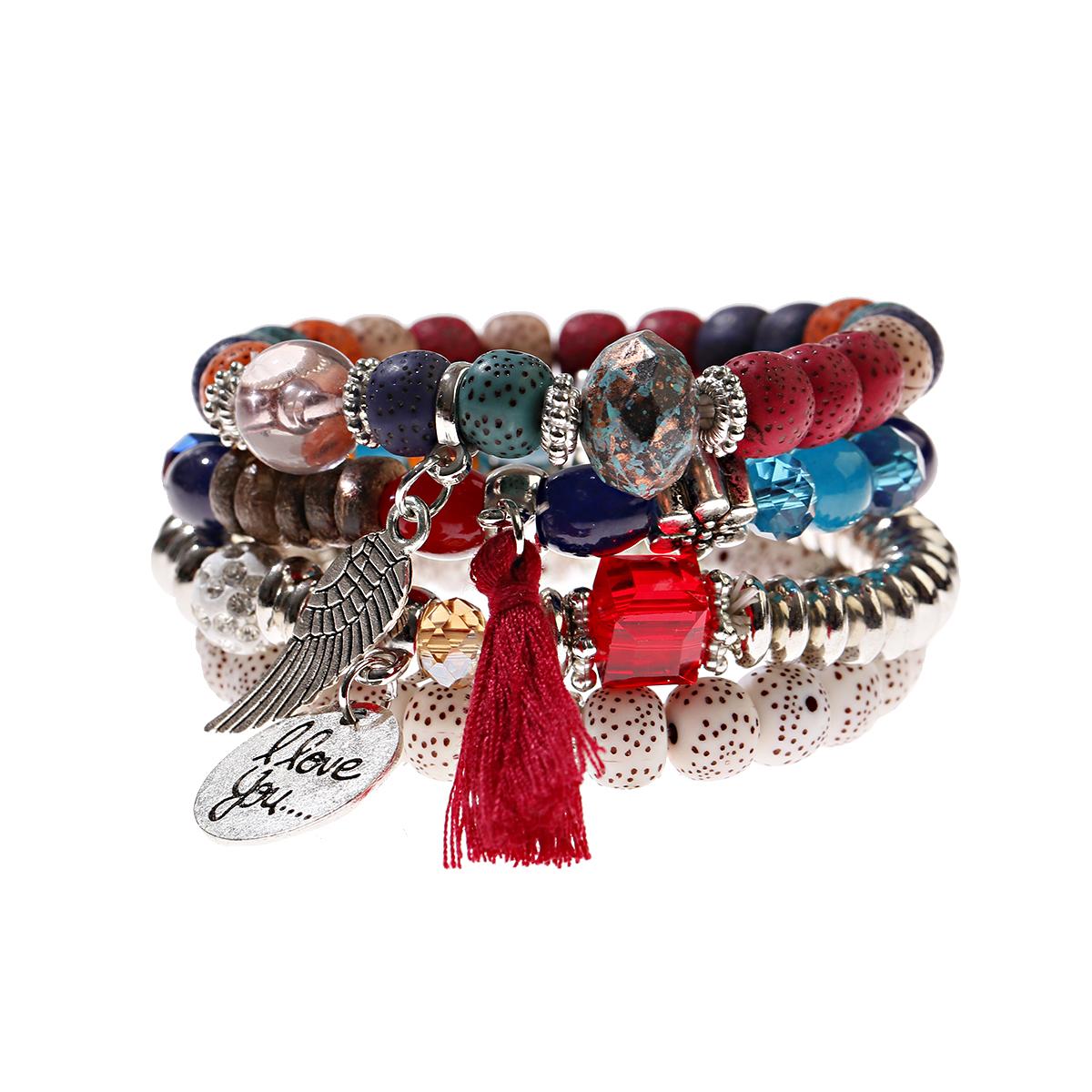 

New Bohemian White Beads Tassel Bracelets Set Women Natural Lava Stone Alloy Wing Pendant Charm Bangle Boho Zircon