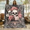 1pc Gothic Floral Skull Blanket - Lightweight Flannel Throw with Pink Roses & White Skulls, Soft & Warm for Sofa, Camping, Livin