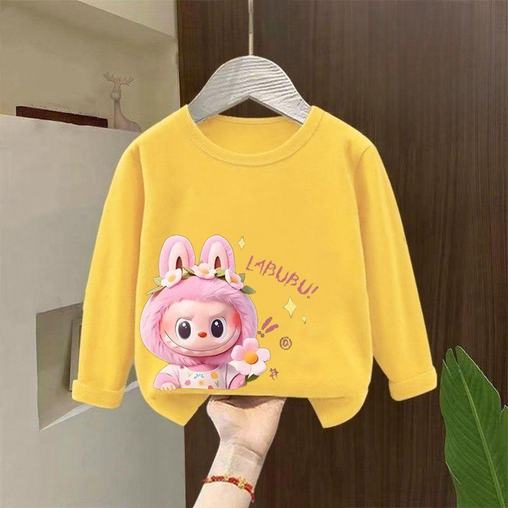 Girls' Round-neck Long-sleeved Base Layer Shirt, Sweet Pure Cotton for Children Spring and Autumn