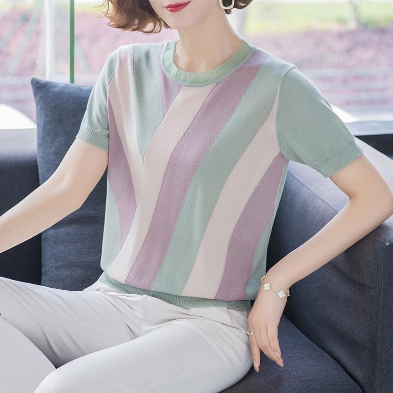 Stilvolles Eis-Seiden-T-Shirt für Mama - Sommer 2026: Modisches kurzärmeliges Oberteil für Frauen mittleren und höheren Alters
