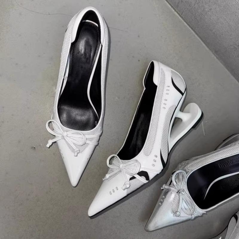 Fashion New Pointed Irregular Suspended Heel Shallow Mouth Single Shoe Butterfly Bow Mesh High Heels Temperament Imperial Style Tacones
