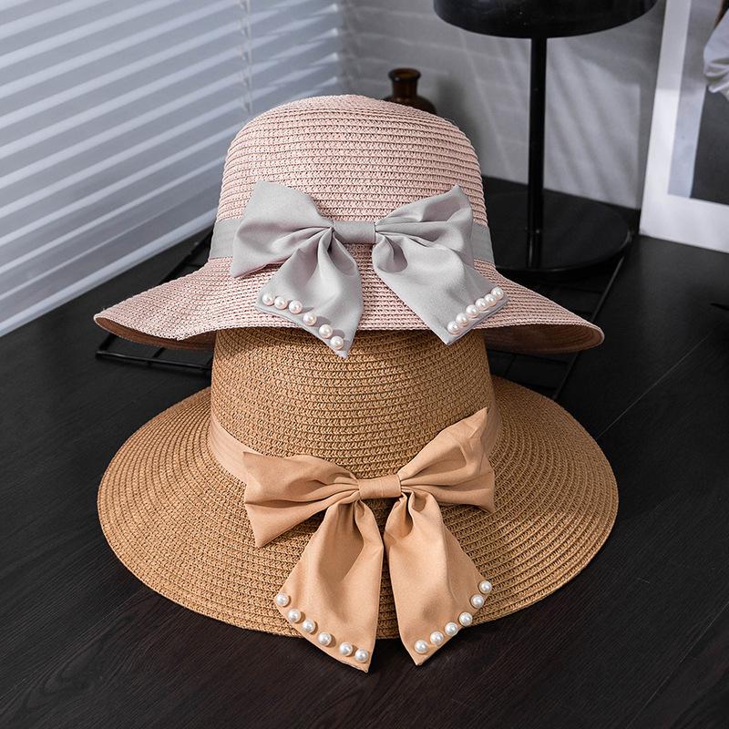 Women's Summer Straw Sun Hat with Wave Brim, Butterfly Bow & Faux Pearl Accents, Beach Hat, Outdoor Travel Vacation Hat