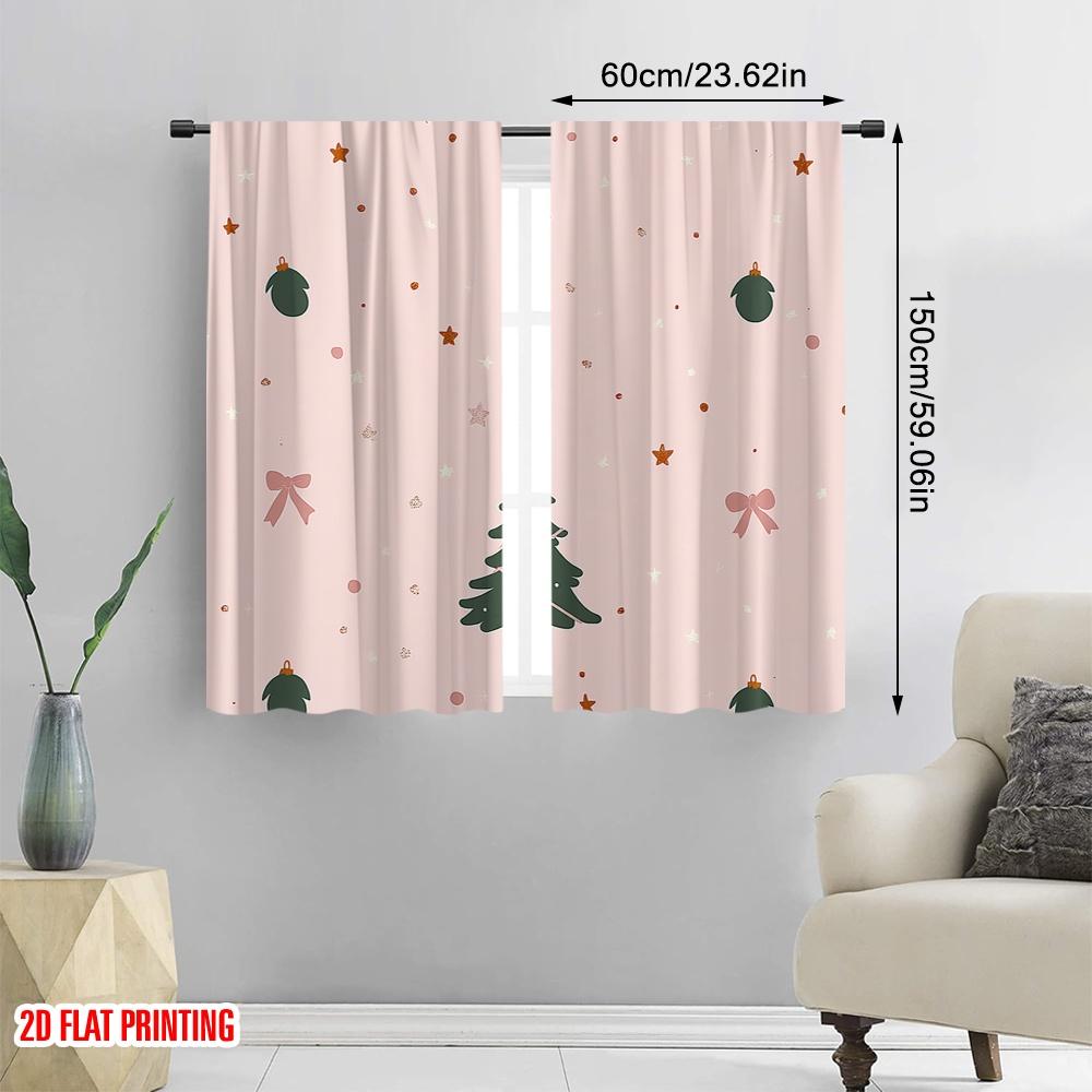2pcs,2D Plane Printing Curtain Fabric Christmas Tree Baubles Bows Stars (2) Versatile Fabric (without Rod) Festive Perfect for