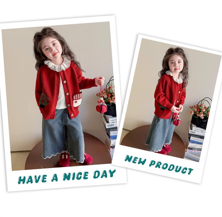 2025 Girls' Fashionable Cartoon Cardigan Sweater, Korean Style, Lace Trim for Spring and Autumn.