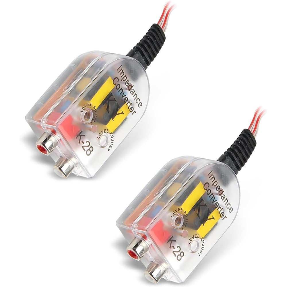 

Hi-Low Конвертер, Набор из 2 штук для автомобиля, RCA Конвертер, Выход на динамики, Автомобильная аудиосистема, Простая установка, Регулируемый, Прочный, Поддерживает CD/DVD/VCD