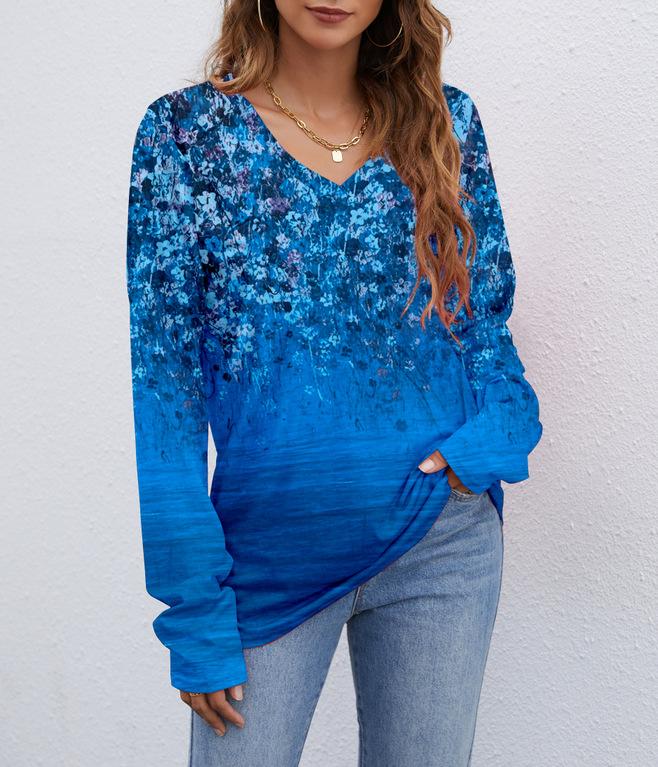 Europe, America wish Amazon independent station autumn and winter new V-neck printing long-sleeved women's T-shirt top