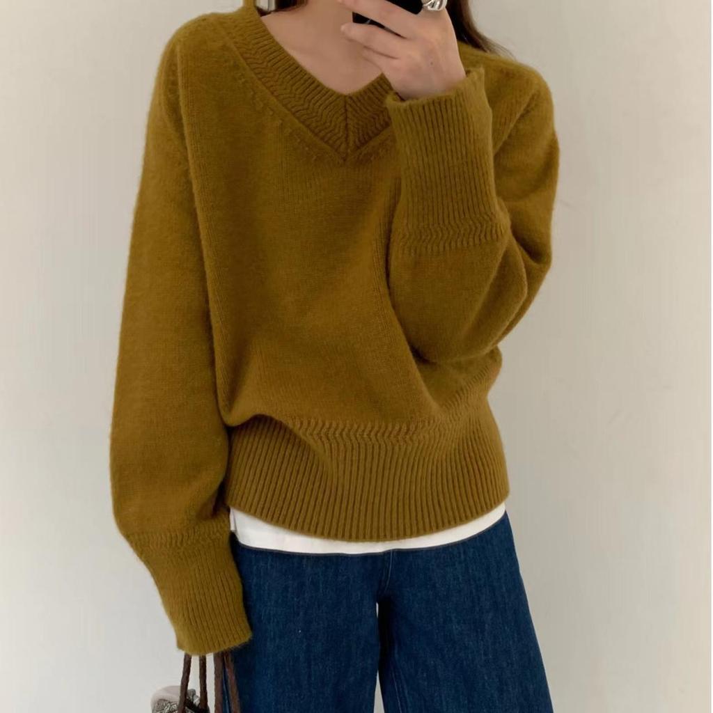 Solid Color Soft Waxy V-neck Sweater Women's Autumn and Winter Long-sleeved Outer Wear Pullover Top Bottoming Knitted Sweater
