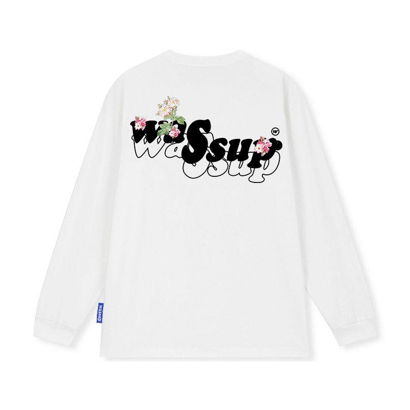 Wassup Floral Letter Heavyweight Trendy Brand Long-Sleeve T-Shirt for Men, Spring and Autumn 2025 New Style Couple's Base Layer Round Neck Top