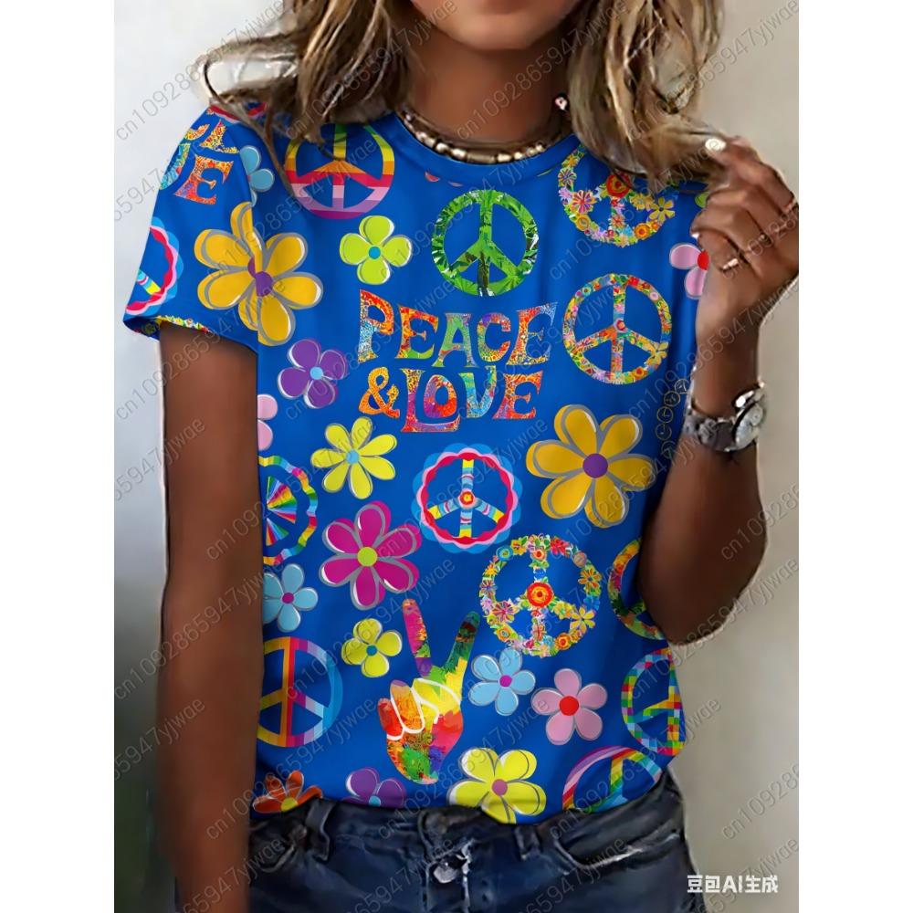 Summer Women's Short Sleeve Pattern and Peaceful Love Printed Round Neck T-shirt