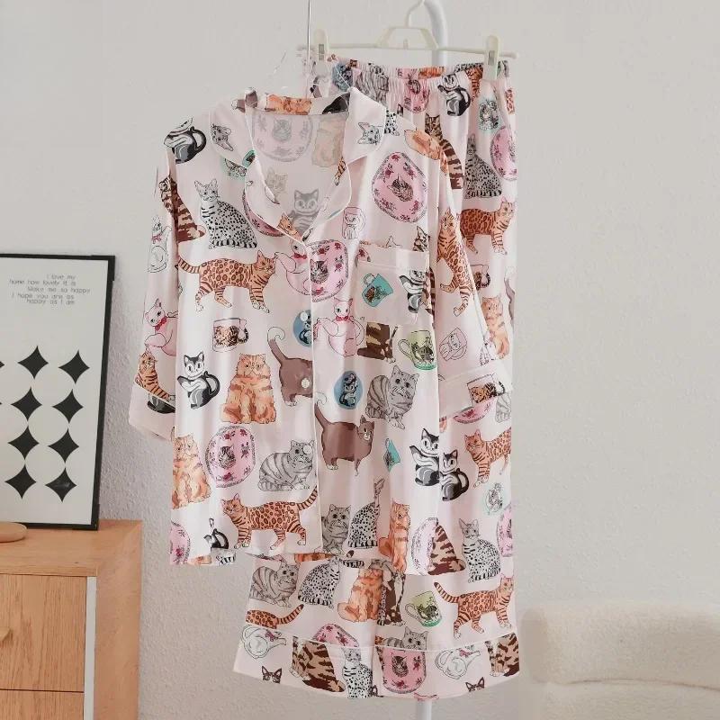 Pijamale cu pisicuță, set drăguț și dulce pentru femei, haine de casă, pantaloni cu mânecă medie de toamnă, pijamale de înaltă calitate, lejer și confortabile