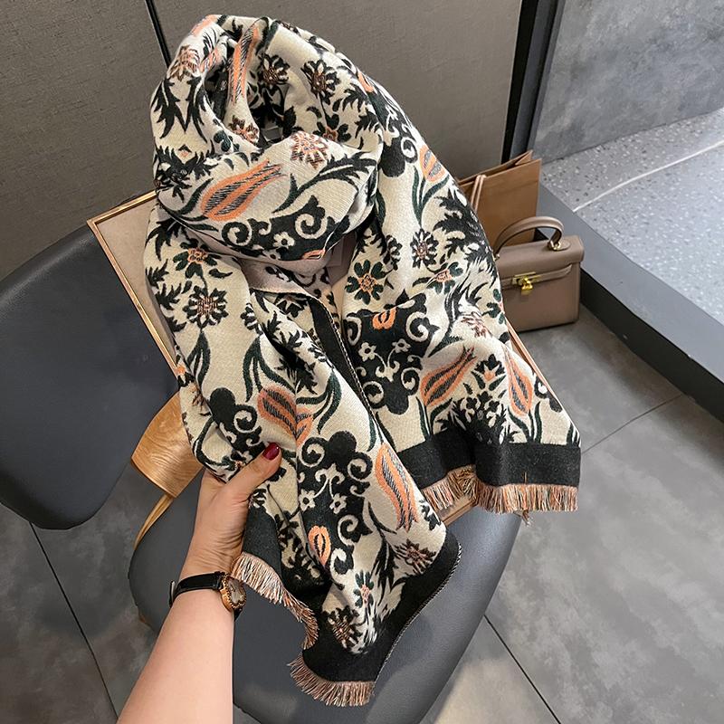 Thick Floral Print Cashmere Hijab Poncho Women Luxury Scarf Warm Pashmina Travel Blanket Shawl Wraps Bufanda Design Echarpe