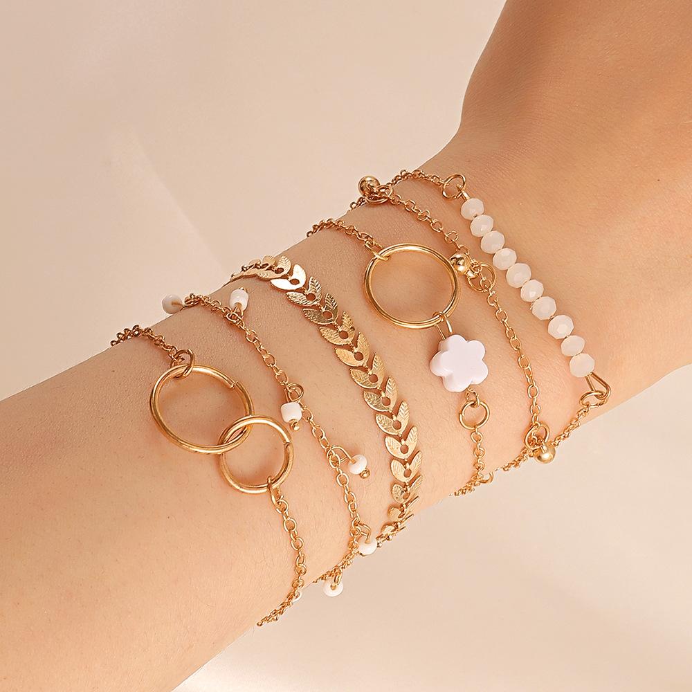 6Pcs SetBohemia Circle Bracelet Set For Women Multi-Layer Vintage Folded Wind Fish Bone Chain Flower Leaves Girls Zircon Gift