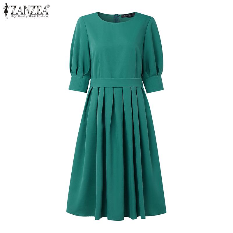 ZANZEA Women Casual Round Neck Solid Color Summer Short Sleeve Dress