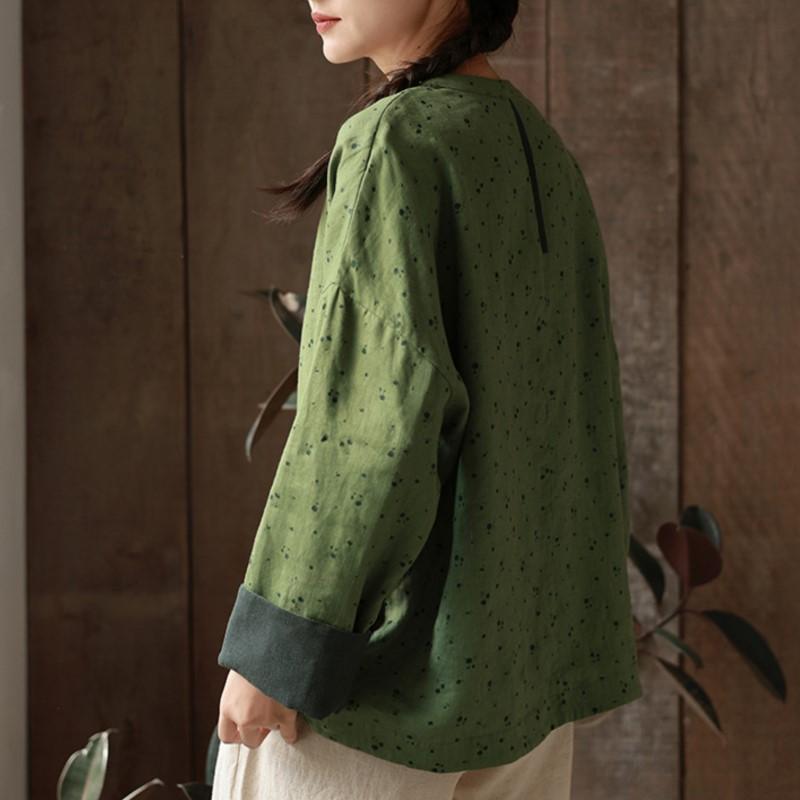 Johnature Women Vintage Shirts Print Floral O-Neck Long Sleeve Blouses Spring Button Chinese Style Shirts