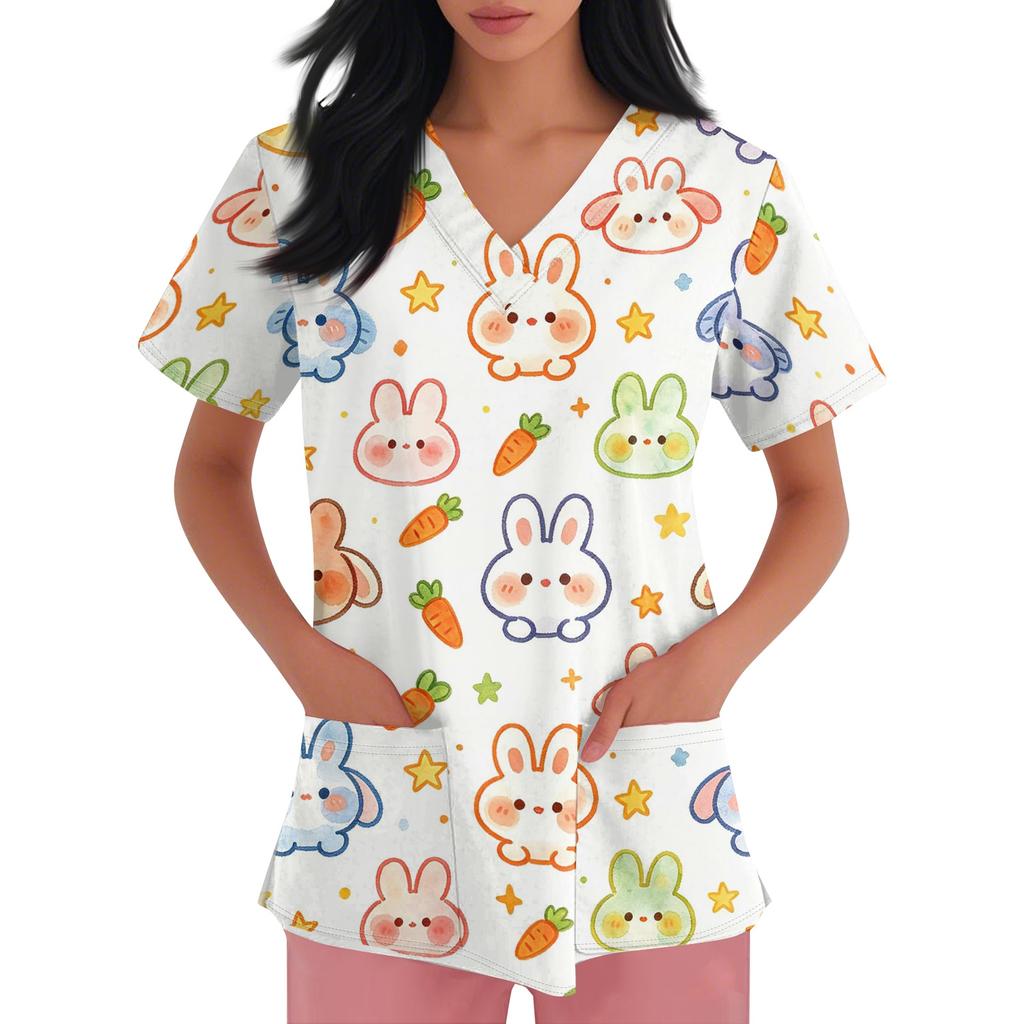 Women V Neck Short Sleeve Work Top with Pockets Animal Print Medical Uniform Scrub Shirt for Healthcare Professionals Nursing Staff