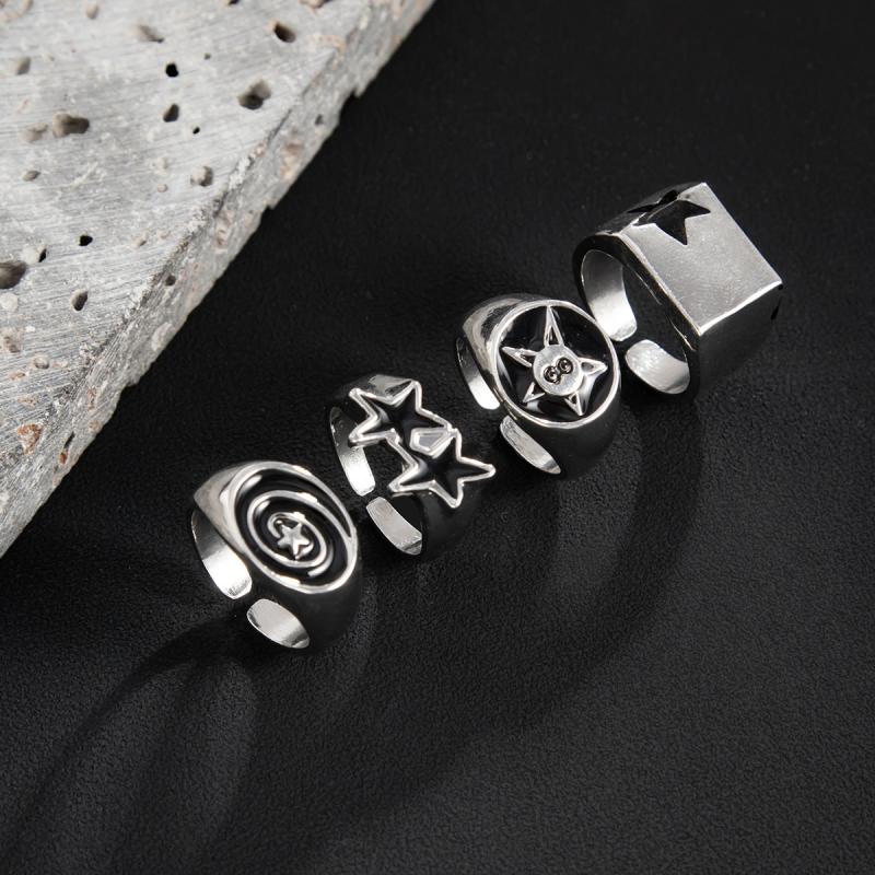 IF ME 4Pcs/Set Black Five-Pointed Star Wide Rings for Men Hiphop Silver Color Geometric Thick Opening Finger Rings Sets Jewelry Gifts