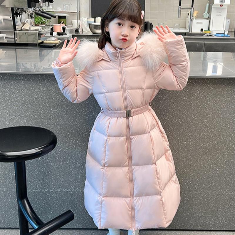Winter Girls Long Winter Clothes Children's Fashion Large Fur Collar Waist Coat