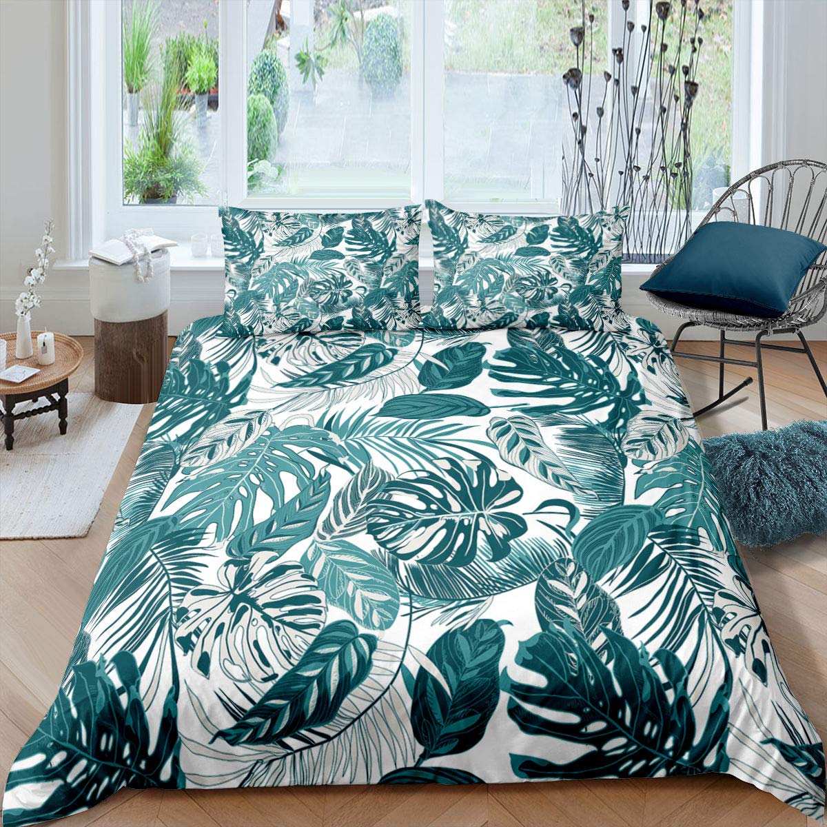 

Palm Leaves Duvet Cover Monstera Leaf Comforter Covers Tropical Green Leaves Bedding Set White Marble Quilt Cover For Men Women EU single(135x200cm)