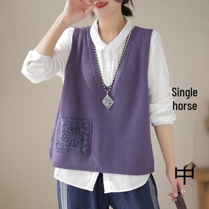 "Spring 2024 Women's Knitted Sleeveless Lace-Trim Vest – Solid Color Casual Top"