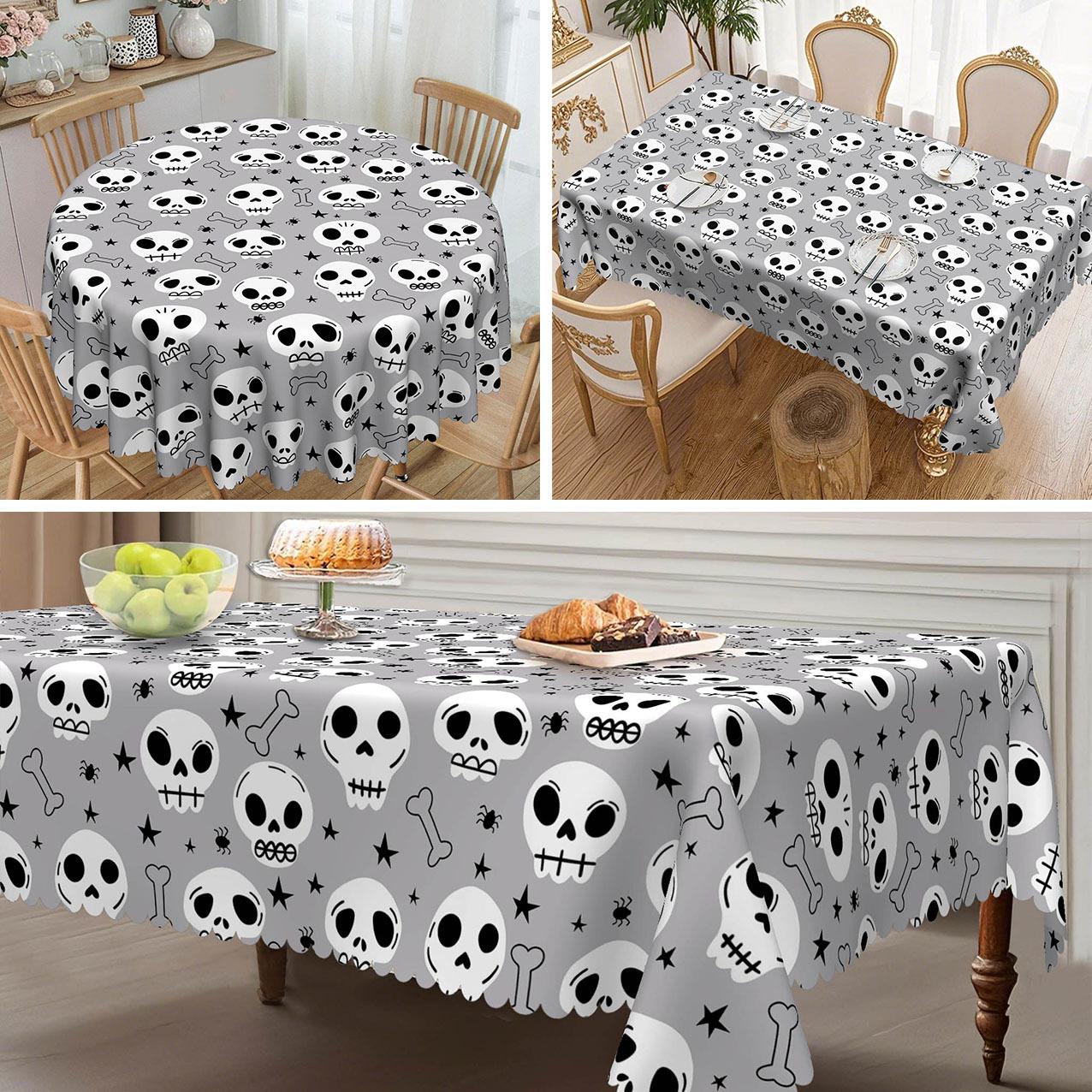 

1 Piece Of Halloween Skull Pattern Tablecloth - Grey With White Bones, Suitable For Round And Long Tables round tablecloth-152x152cm