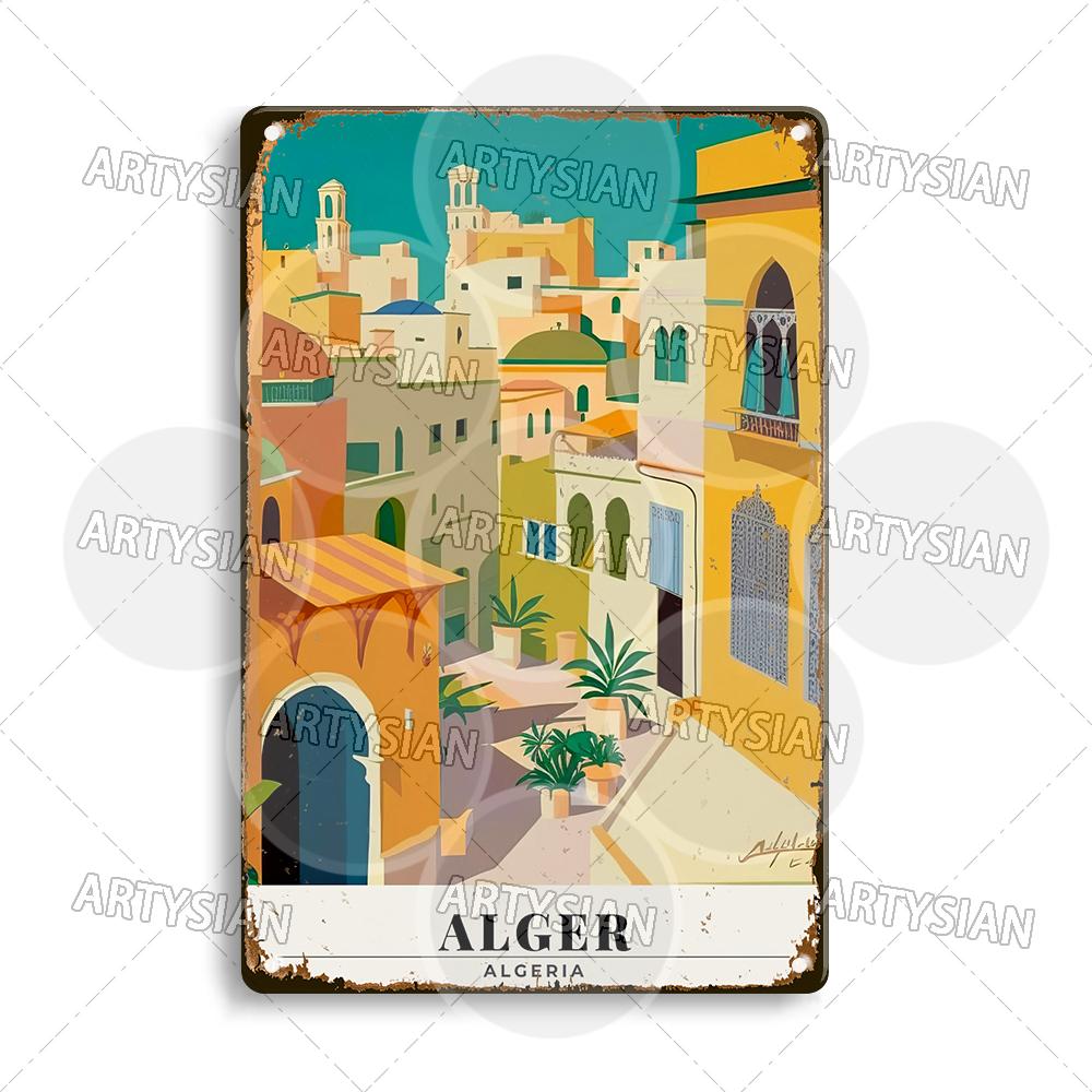Maghreb Travel Cityscape Metal Sign Alger Algeria Djerba Tunisia Chefchaouen Morocco Marrakesh Zarzis Oran Tiaret Kabylie