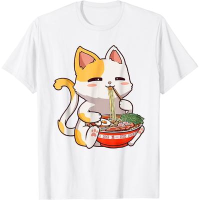 ODFSND Süße Katze Ramen Nudeln Kawaii Anime Mädchen Teenager Japanisches Essen T-Shirt