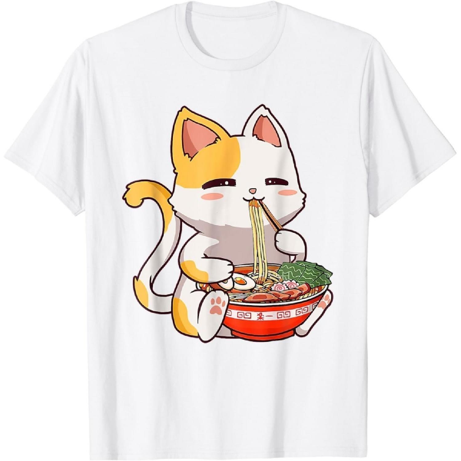 ODFSND Cute Cat Ramen Noodles Kawaii Anime Girls Teen Japanese Food T-Shirt XXXXXL белый