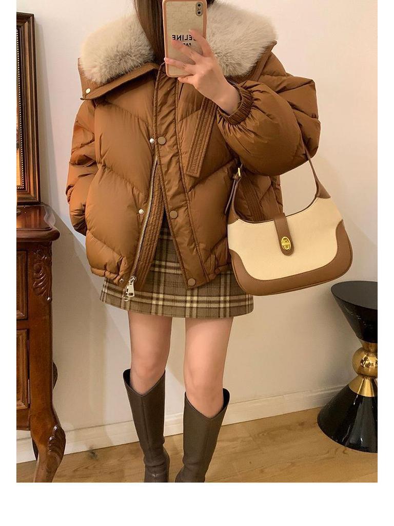 Damska Ciepła Khaki/Czarna Kurtka Bawełniana z Kołnierzem ze Sztucznego Futra - Zimowy Płaszcz Petite