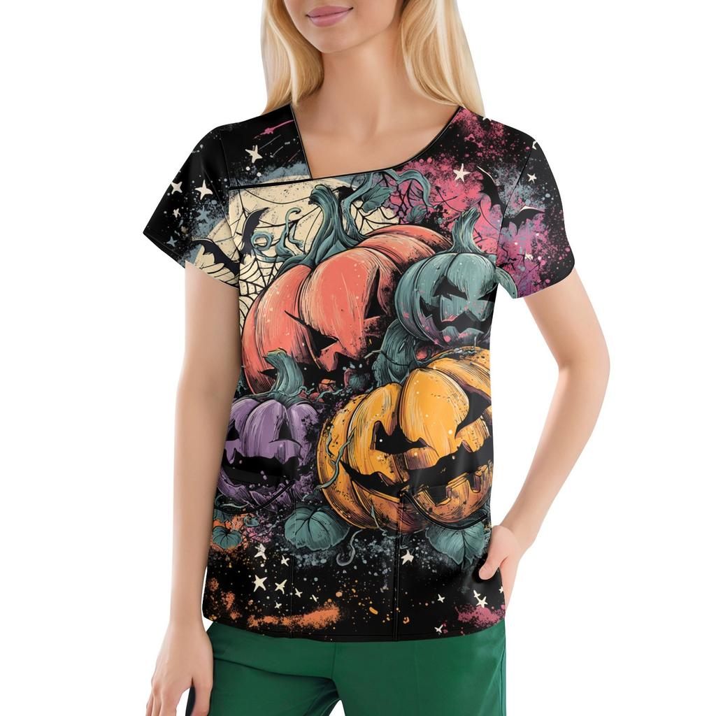 Dámské potištěné pracovní oblečení, šikmý límec a dvojité kapsy, základní top pulovr