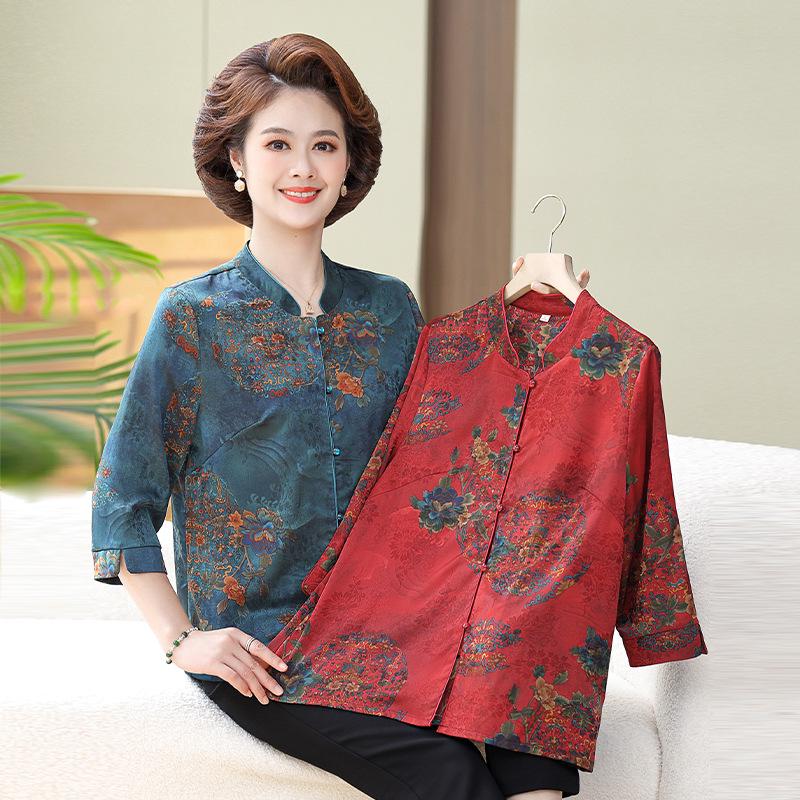 Festive Red Tang Suit Shirt for Elderly Women - Chinese Style Mother's Summer Wedding Attire