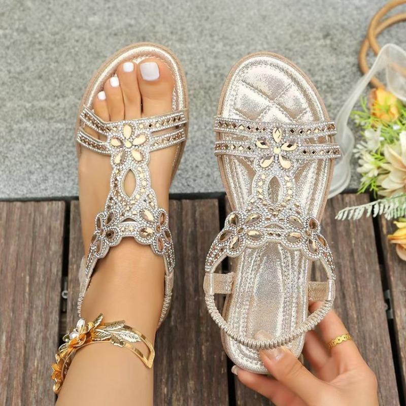 Women's Shoes Plus Size Fashion Round Toe Open Toe Casual Breathable Rhinestone Elastic Strap Temperament Flat Sandals