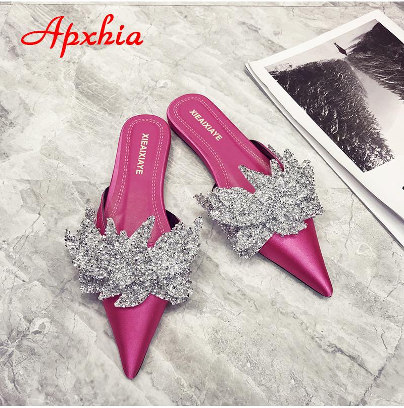 Fashion Aphixta  Appliques Crystals Silk Women Slippers Fashion Mules Rose Red Flat Heel Autumn Flowers Pointed Toe Slides