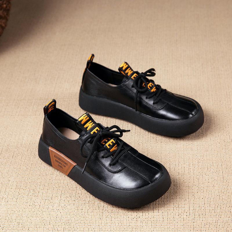 The first layer of cowhide loafers for women's spring and autumn new leather Brock British style retro flat-bottomed lace-up single shoes for women