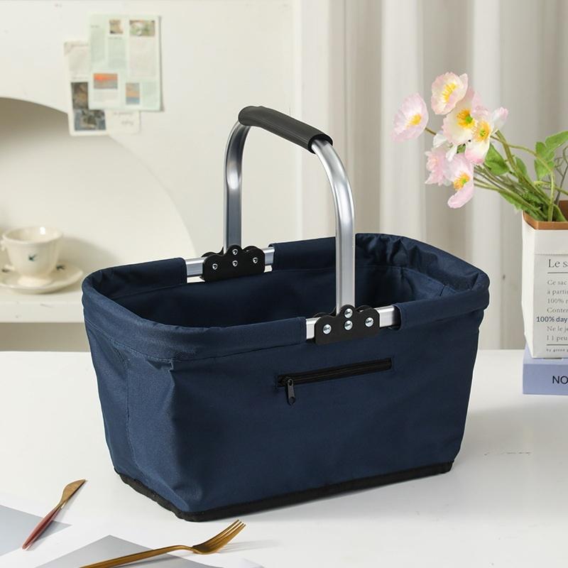 

1Pc Foldable Insulated Picnic Bag Aluminum Frame Basket Oxford Cloth Shopping Tote with Zipper Side Pockets Organizer темно-синий
