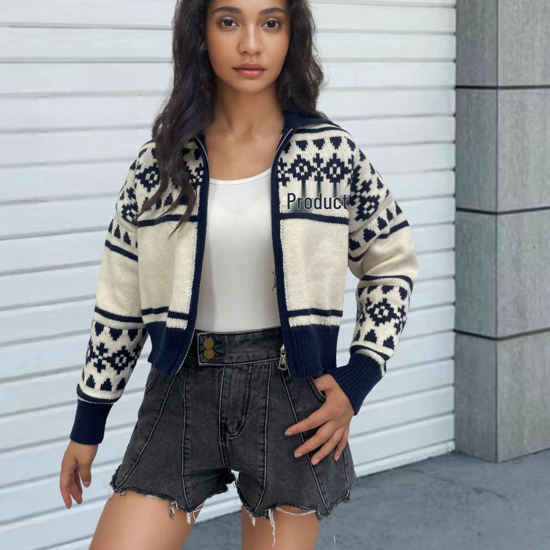 

Вязаный кардиган на молнии с геометрическим узором и лацканами - Женский осенне-зимний свитер Extra Large темно-синий