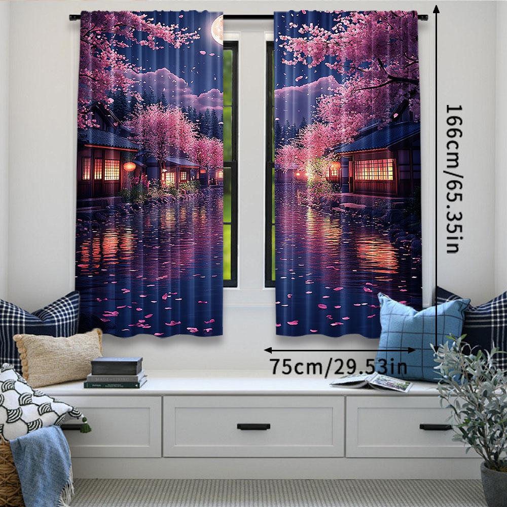 2 Stück Kirschblütenvorhang Japanischer Stil Vorhang Romantische Mondscheinnachtszenerie Rosa Blau Für Schlafzimmer Wohnzimmer Esszimmer