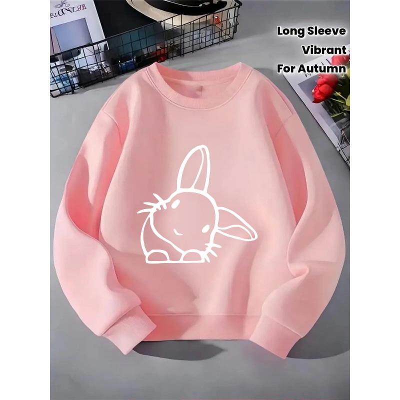 Kids Sweatshirt - White Bunny Outline On Black Background Machine Washable, Spring And Autumn, Sportswear And Casual Wear, Soft And Comfortable