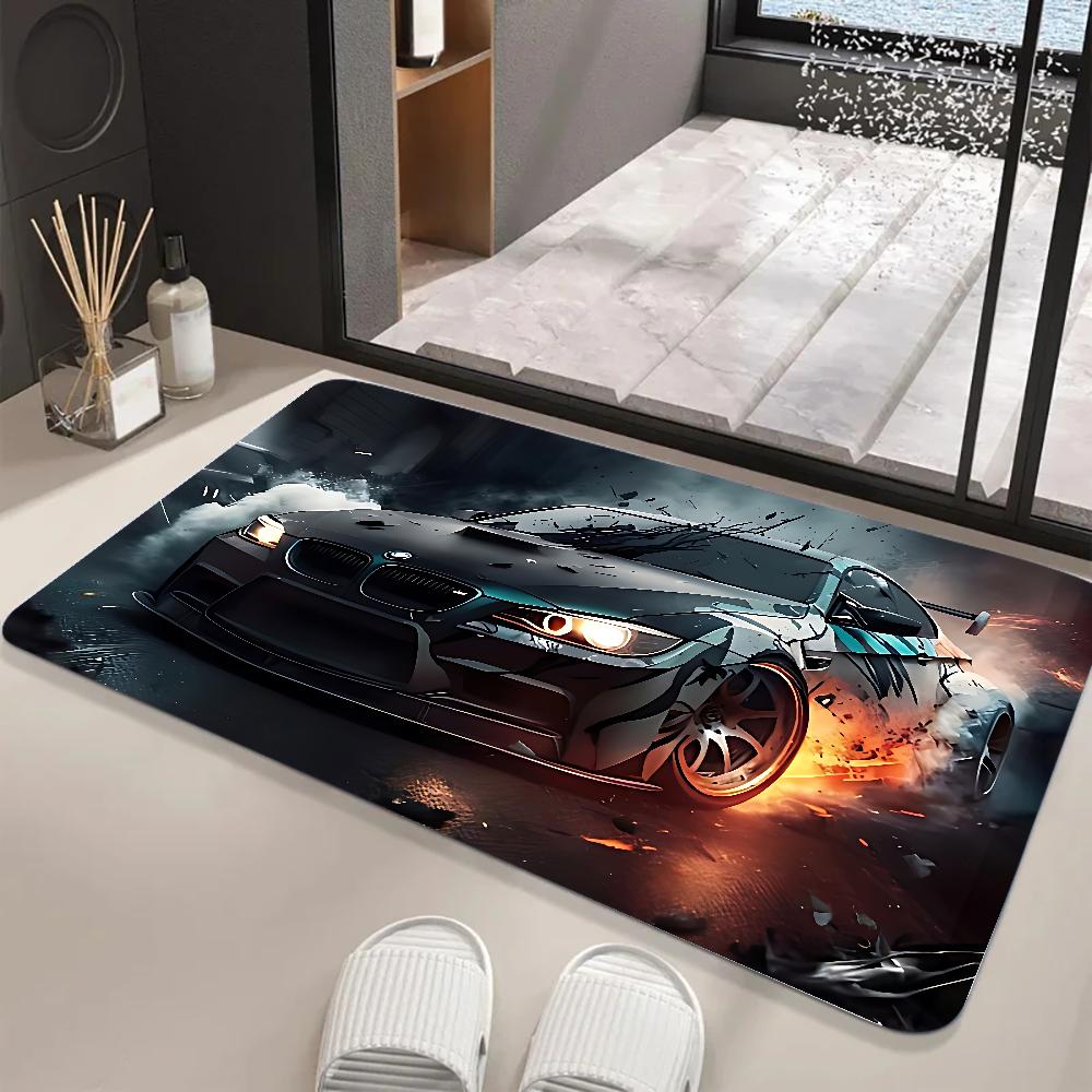 Large Size Retro Sports Car Floor Mat Graphic Printed Flannel Doormats For Bathroom Kitchen Entrance Carpet Home Decor