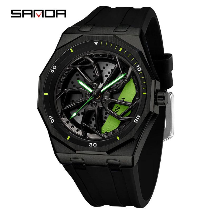 SANDA Men's Waterproof Luminous Polygonal Quartz Watch with 3D Rotating Dial and Silicone Band