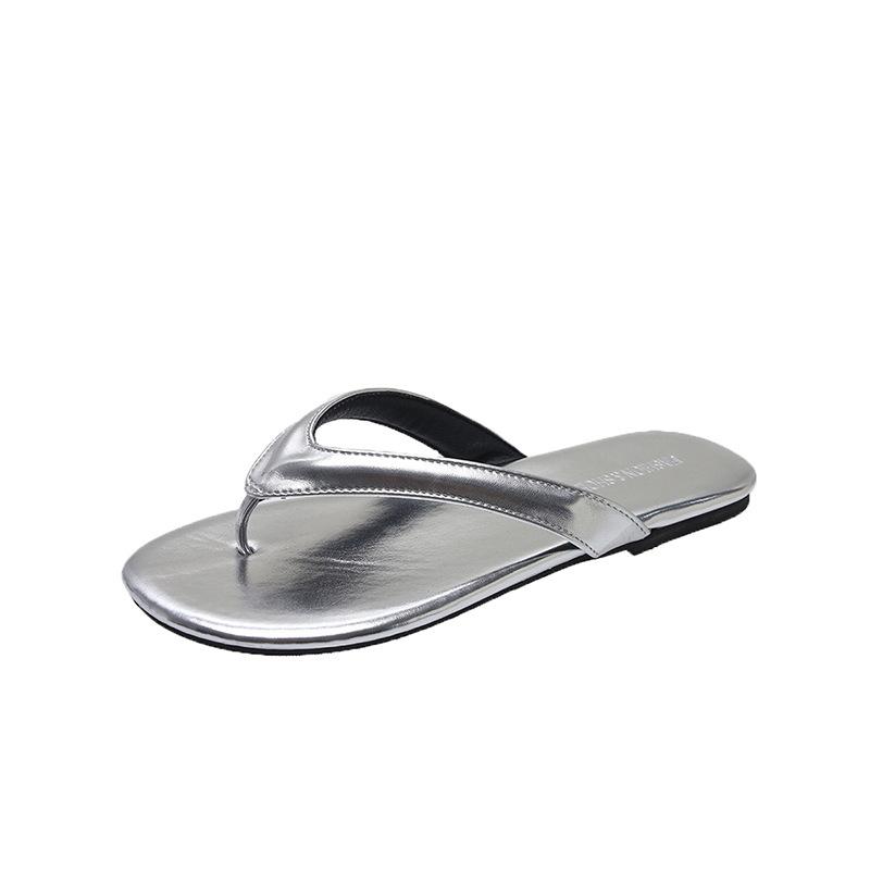 Fashion flat-bottomed silver flip-flops women's summer wear leopard print cool slippers seaside pinch women's shoes shoes