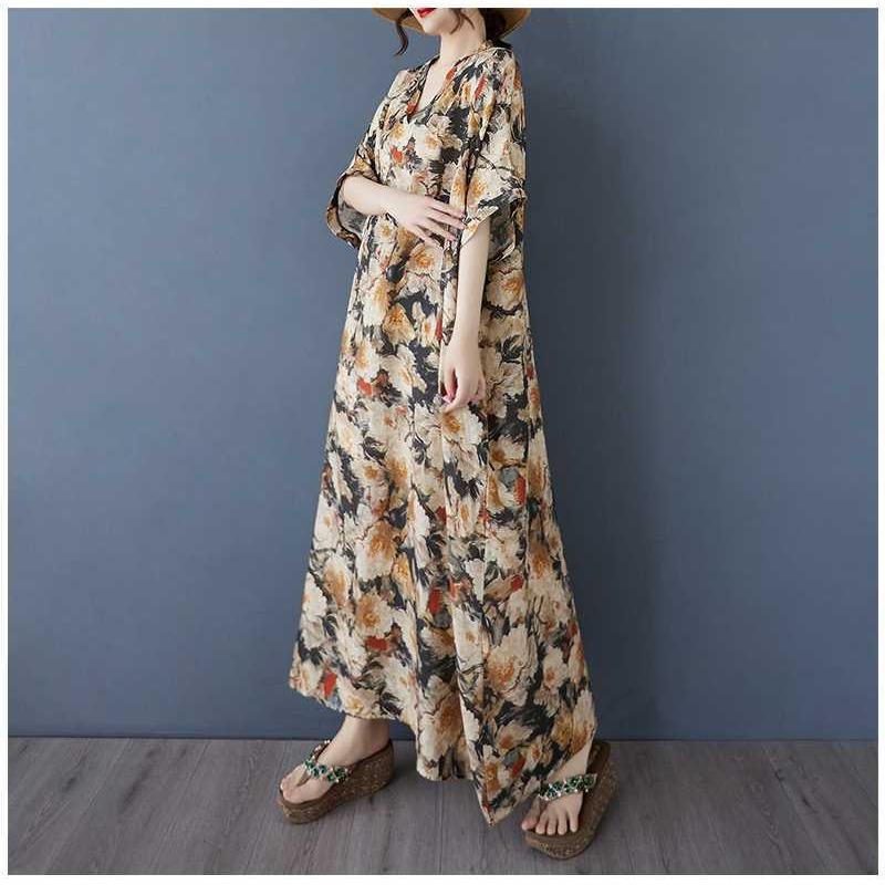 Women's Vintage Long Dress with Cotton and Linen Patterns