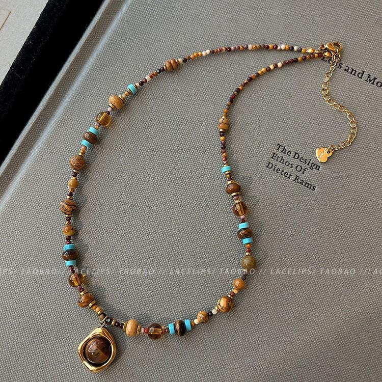 Tiger Eye Beaded Necklace - Natural Stone Clavicle Chain for Women, Titanium Steel